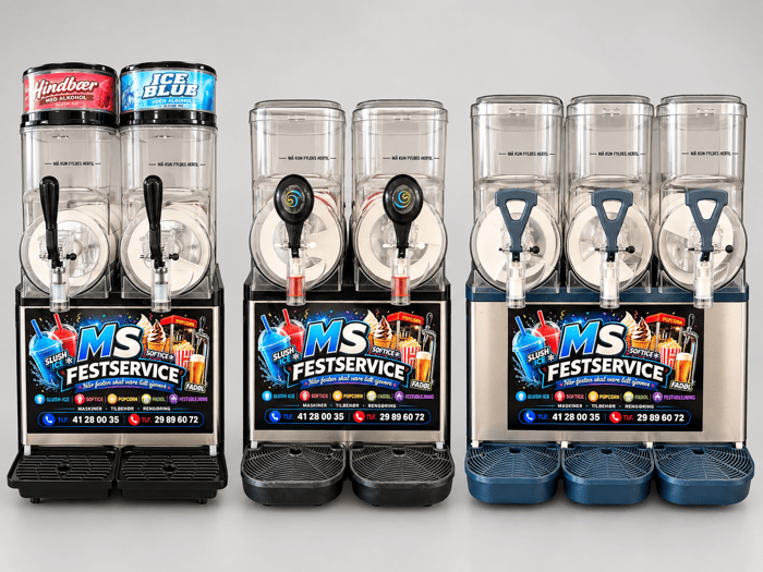 Professionelle slushicemaskiner med MS Festservice reklamelogoer